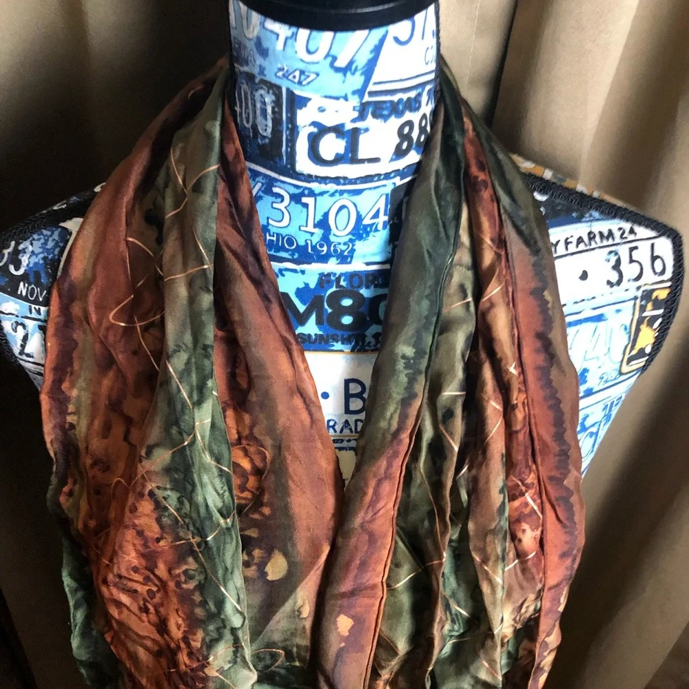 Silk-Tone Olive & Copper Printed Scarf